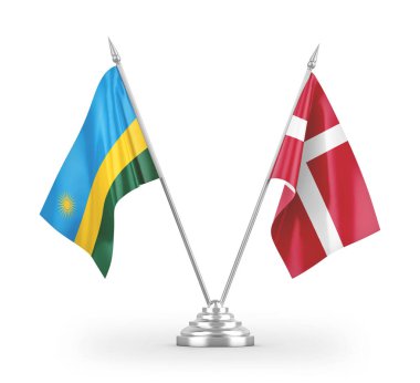 Danimarka ve Ruanda masa bayrakları beyaz arkaplan 3d görüntüleme üzerinde izole 