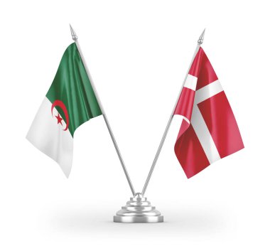 Danimarka ve Cezayir masa bayrakları beyaz arkaplanda izole edilmiş 3D görüntüleme 