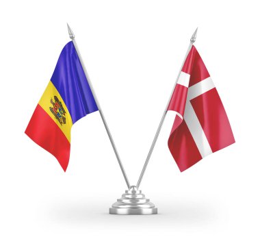 Danimarka ve Moldova masa bayrakları beyaz arkaplan 3d görüntüleme üzerinde izole 