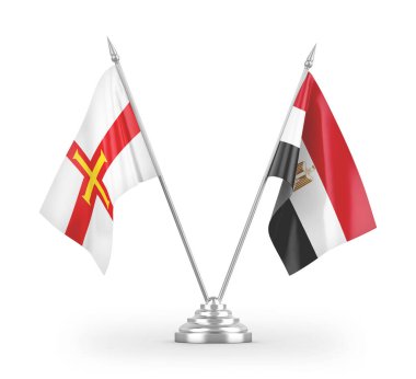 Mısır ve Guernsey masa bayrakları beyaz arkaplandaki 3D görüntüleme
