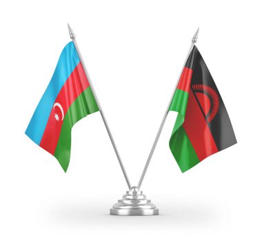 Beyaz zemin üzerinde izole edilmiş Malawi ve Azerbaycan masa bayrakları 3d