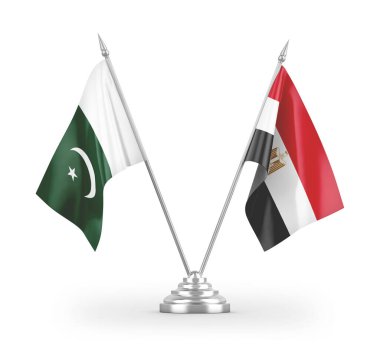 Mısır ve Pakistan masa bayrakları beyaz arka planda izole edilmiş 3D görüntüleme