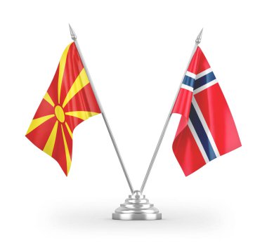 Norveç ve Kuzey Makedonya 'da masa bayrakları beyaz arkaplandaki 3D görüntülere izole edildi