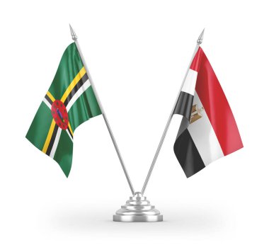 Mısır ve Dominika masa bayrakları beyaz arka planda izole edilmiş 3D görüntüleme