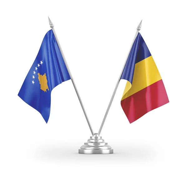 Bandeiras Mesa Romênia Kosovo Isoladas Fundo Branco Renderização — Fotografia de Stock