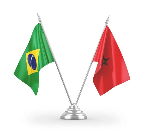 Marokko Und Brasilien Tischfahnen Isoliert Auf Weißem Hintergrund Rendering — Stockfoto