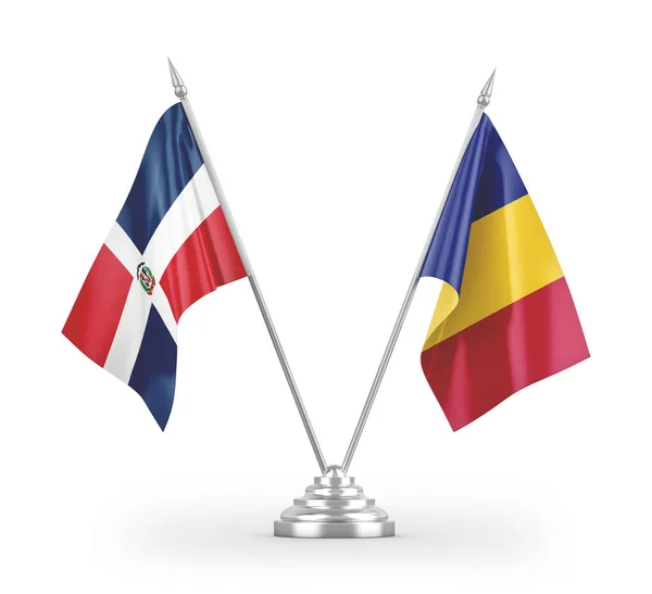 Roemenië Dominicaanse Republiek Tafelvlaggen Geïsoleerd Witte Achtergrond Rendering — Stockfoto