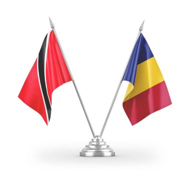 Romanya ve Trinidad ve Tobago masa bayrakları beyaz zemin üzerinde izole edilmiş 3d