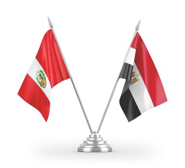 Mısır ve Peru masa bayrakları beyaz arkaplandaki 3D görüntüleme