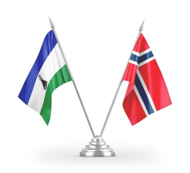 Norveç ve Lesotho masa bayrakları beyaz arkaplan 3d görüntüleme üzerinde izole
