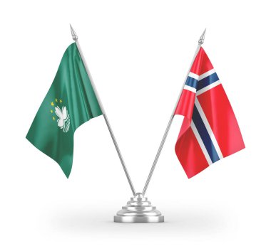 Norveç ve Macau masa bayrakları beyaz arkaplanda izole edilmiş 3D görüntüleme
