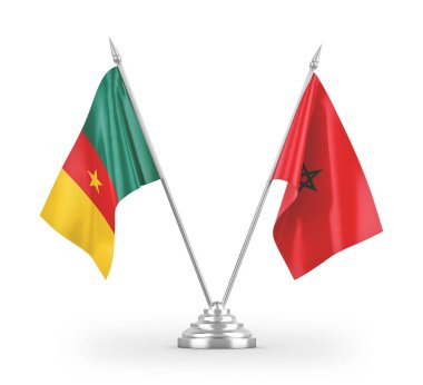 Fas ve Kamerun masa bayrakları beyaz arkaplanda 3 boyutlu görüntüleme 