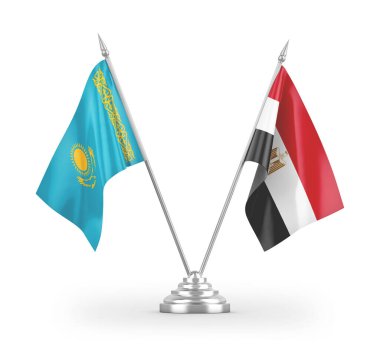Mısır ve Kazakistan masa bayrakları beyaz zemin üzerinde izole edilmiş 3D görüntüleme