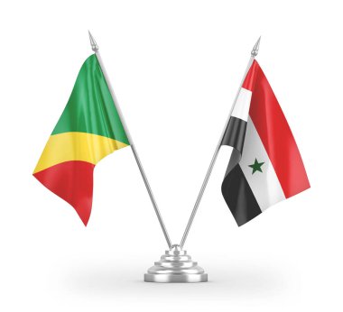 Suriye ve Kongo masa bayrakları beyaz arkaplanda izole edilmiş 3D görüntüleme 