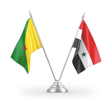 Suriye ve Fransız Guyanası masa bayrakları beyaz arkaplanda izole edilmiş 3D görüntüleme