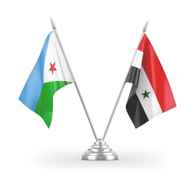 Suriye ve Cibuti masa bayrakları beyaz arkaplanda izole edilmiş 3d görüntüleme