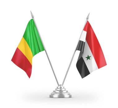 Suriye ve Mali masa bayrakları beyaz arkaplanda izole edilmiş 3D görüntüleme