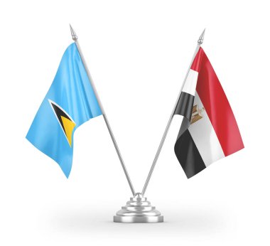 Mısır ve Saint Lucia masa bayrakları beyaz arka planda izole edilmiş 3D görüntüleme