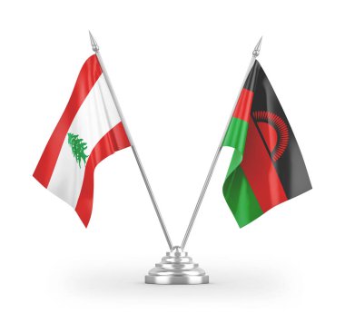 Beyaz arkaplan üzerinde izole edilmiş Malawi ve Lübnan masa bayrakları 3d