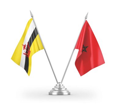 Fas ve Brunei Darussalam masa bayrakları beyaz arkaplanda izole edilmiş 3D görüntüleme