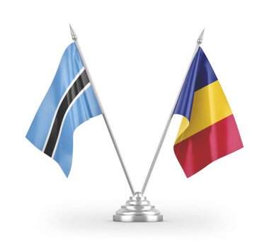 Romanya ve Botswana masa bayrakları beyaz arka planda izole edilmiş 3D görüntüleme 