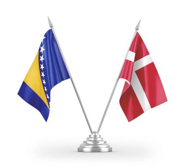Danimarka ve Bosna-Hersek masa bayrakları beyaz zemin üzerinde izole edilmiş 3D görüntüleme 