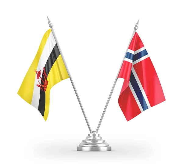 Norwegen Und Brunei Darussalam Tischfahnen Isoliert Auf Weißem Hintergrund Rendering — Stockfoto
