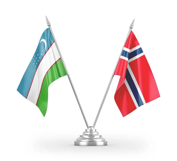 Drapeaux Table Norvège Ouzbékistan Isolés Sur Fond Blanc Rendu — Photo