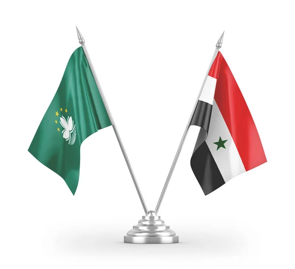 Banderas Mesa Siria Macao Aisladas Sobre Fondo Blanco — Foto de Stock