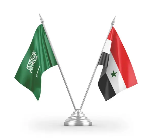 Banderas Mesa Siria Arabia Saudita Aisladas Sobre Fondo Blanco — Foto de Stock