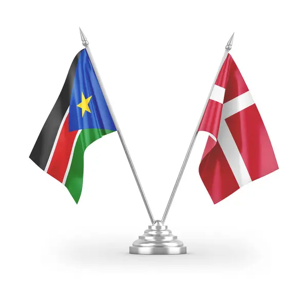 Dánsko Jižní Súdán Tabulky Vlajky Izolované Bílém Pozadí Vykreslování — Stock fotografie