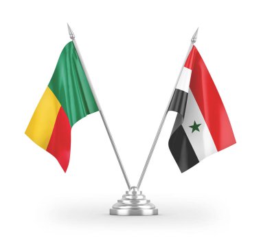 Suriye ve Benin masa bayrakları beyaz arkaplandaki 3B görüntüleme 
