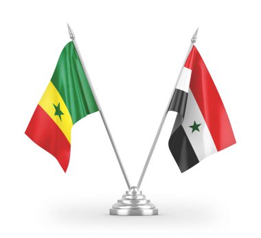 Suriye ve Senegal masa bayrakları beyaz arkaplan 3D görüntüleme üzerinde izole edildi