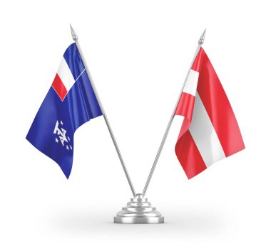 Avusturya ve Fransa Güney ve Antarktika 'nın masa bayrakları beyaz zemin üzerinde izole edilmiş 3D