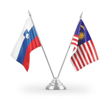 Malezya ve Slovenya masa bayrakları beyaz arkaplan 3D görüntüleme üzerinde izole edildi