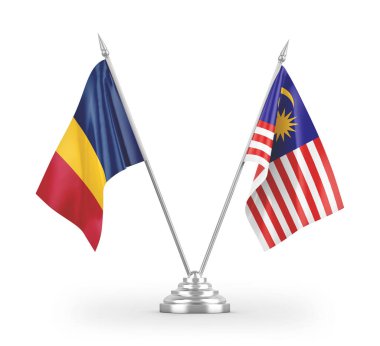 Malezya ve Çad masa bayrakları beyaz arkaplandaki 3B görüntüleme 