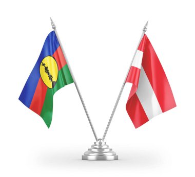 Avusturya ve Yeni Kaledonya masa bayrakları beyaz zemin üzerinde izole edilmiş 3D görüntüleme