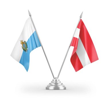 Avusturya ve San Marino masa bayrakları beyaz arkaplanda 3 boyutlu görüntüleme