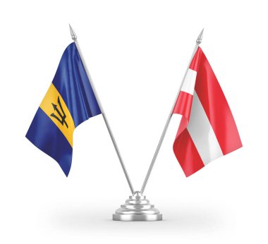 Avusturya ve Barbados masa bayrakları beyaz arkaplanda 3 boyutlu görüntüleme 