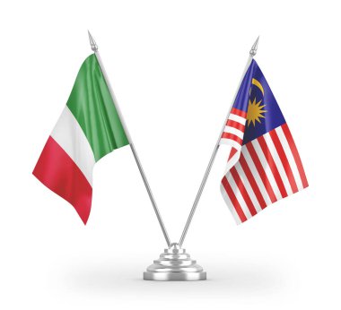 Malezya ve İtalya masa bayrakları beyaz arkaplanda 3 boyutlu görüntüleme