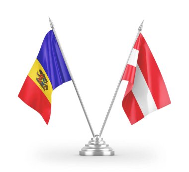 Avusturya ve Moldova masa bayrakları beyaz zemin üzerinde izole edilmiş 3D görüntüleme