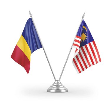 Malezya ve Romanya bayrakları beyaz zemin üzerinde izole edilmiş 3D görüntüleme