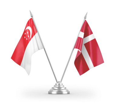 Danimarka ve Singapur masa bayrakları beyaz arkaplan 3 boyutlu görüntüleme üzerinde izole edildi 