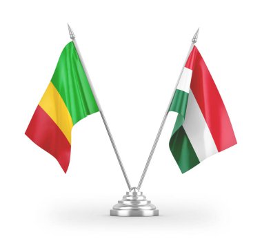 Macaristan ve Mali masa bayrakları beyaz arkaplanda 3 boyutlu görüntüleme