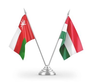 Macaristan ve Umman masa bayrakları beyaz arkaplanda 3 boyutlu görüntüleme