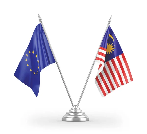 马来西亚和欧盟在白色背景3D渲染上隔离的桌旗 — 图库照片