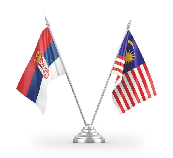 Bandeiras Mesa Malásia Sérvia Isoladas Fundo Branco Renderização — Fotografia de Stock