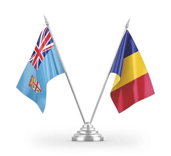 Bandeiras Mesa Romênia Fiji Isoladas Fundo Branco Renderização — Fotografia de Stock