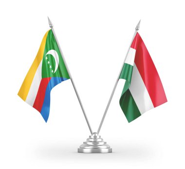 Macaristan ve Komoros masa bayrakları beyaz arkaplanda 3 boyutlu görüntüleme 