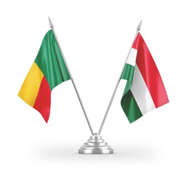 Macaristan ve Benin masa bayrakları beyaz arkaplanda 3 boyutlu görüntüleme 